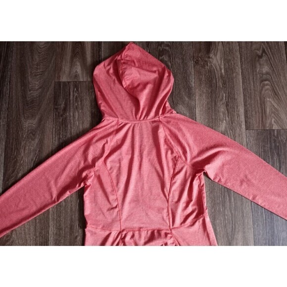 Womens EDDIE BAUER Size Small Athletic Hooded Running Shirt Pink White Stripes - Picture 2 of 11